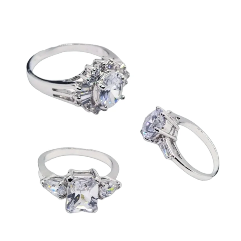 Three Silver Plated Rings with Brilliant Clear Tourmaline Stones | Size 7 | NWOT